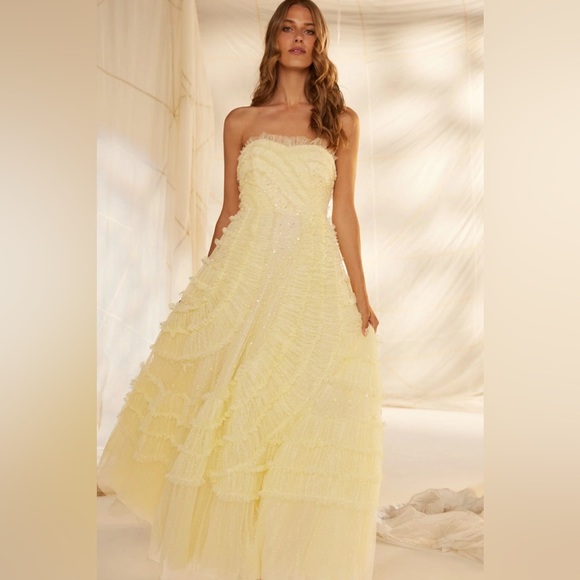 Needle & Thread VIOLET SHIMMER STRAPLESS GOWN and CAPE! US 6, Yellow, worn once - Picture 3 of 14